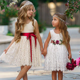 Antique Ivory and Off White Sleeveless Knee Length Lace Flower Girl Dresses - The Little Kitten Boutique