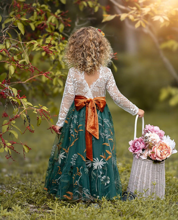 White Lace Hunter Green Flower Girl Dress