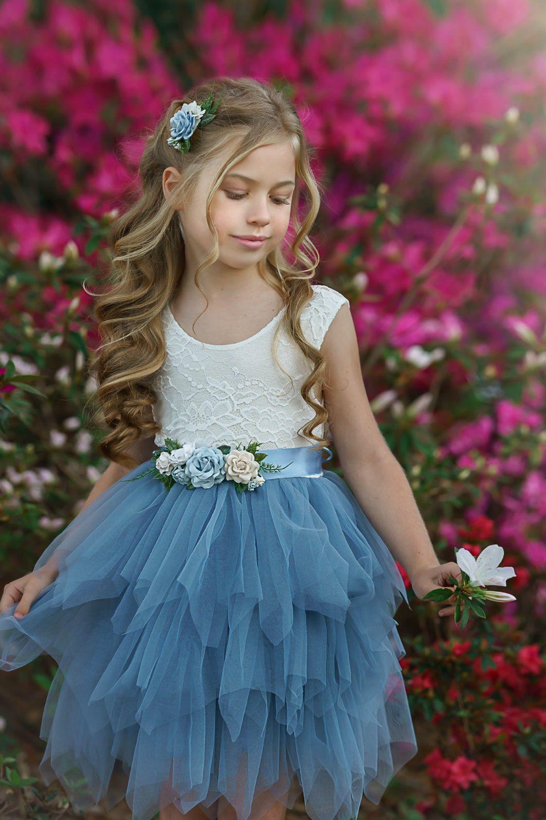 Dusty Blue, Layered flower girl dress / girls special occasion dress - The Little Kitten Boutique