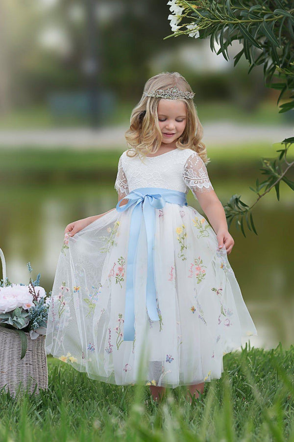 Boho Wildflower Floral Embroidered Flower Girl Dress - White Dress Only / 10/12 Boho Wildflower Floral Embroidered Flower Girl Dress - White Dress Only / 10/12
