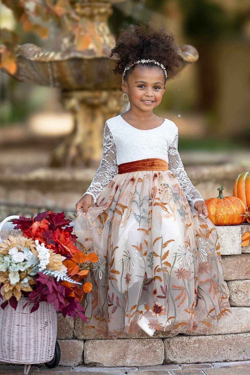 Flower Girl Dress | Fall Floral Embroidered Girls Dress Dress Only / 2 Flower Girl Dress | Fall Floral Embroidered Girls Dress Dress Only / 2