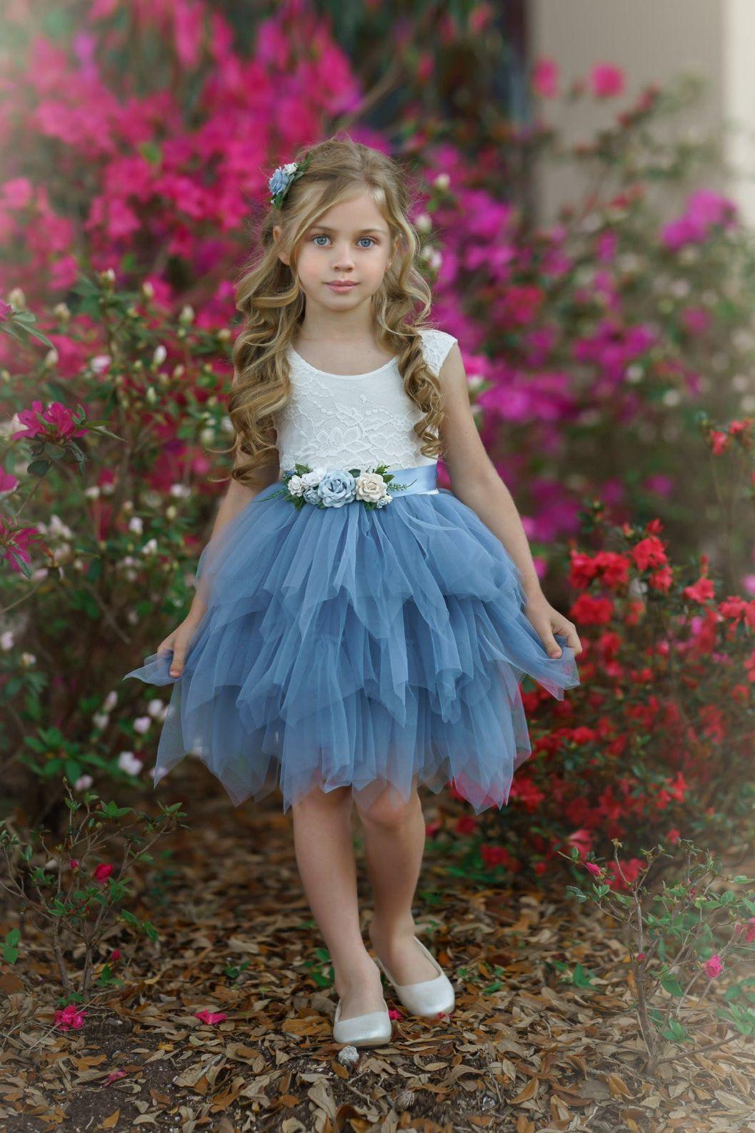 Dusty Blue, Layered flower girl dress / girls special occasion dress - The Little Kitten Boutique