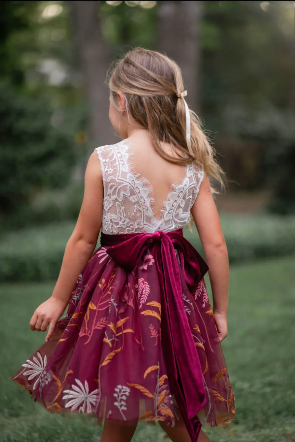 Burgundy Floral Embroidered Flower Girl Dress – White Lace 7/8