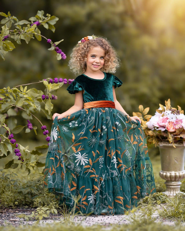 Forest Green Velvet With Gold Dot Girls Twirl Dress