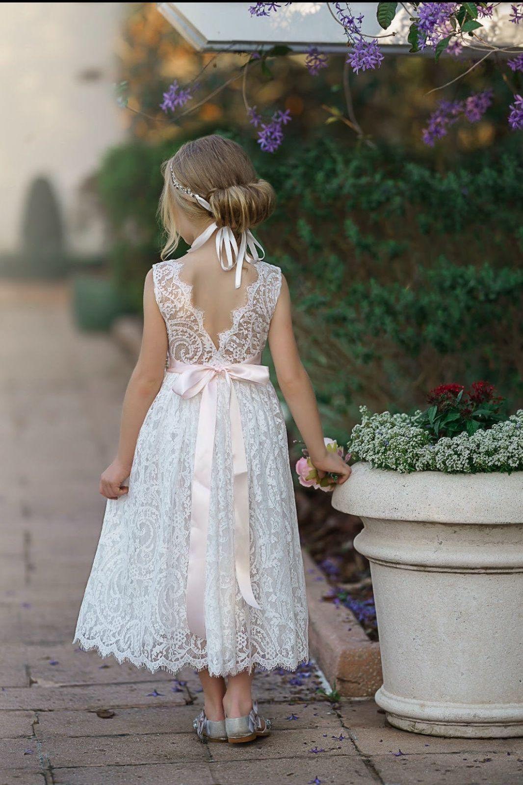 Sleeveless Lace Boho Flower Girl Dress with V-Back and Eyelash Lace - The Little Kitten Boutique