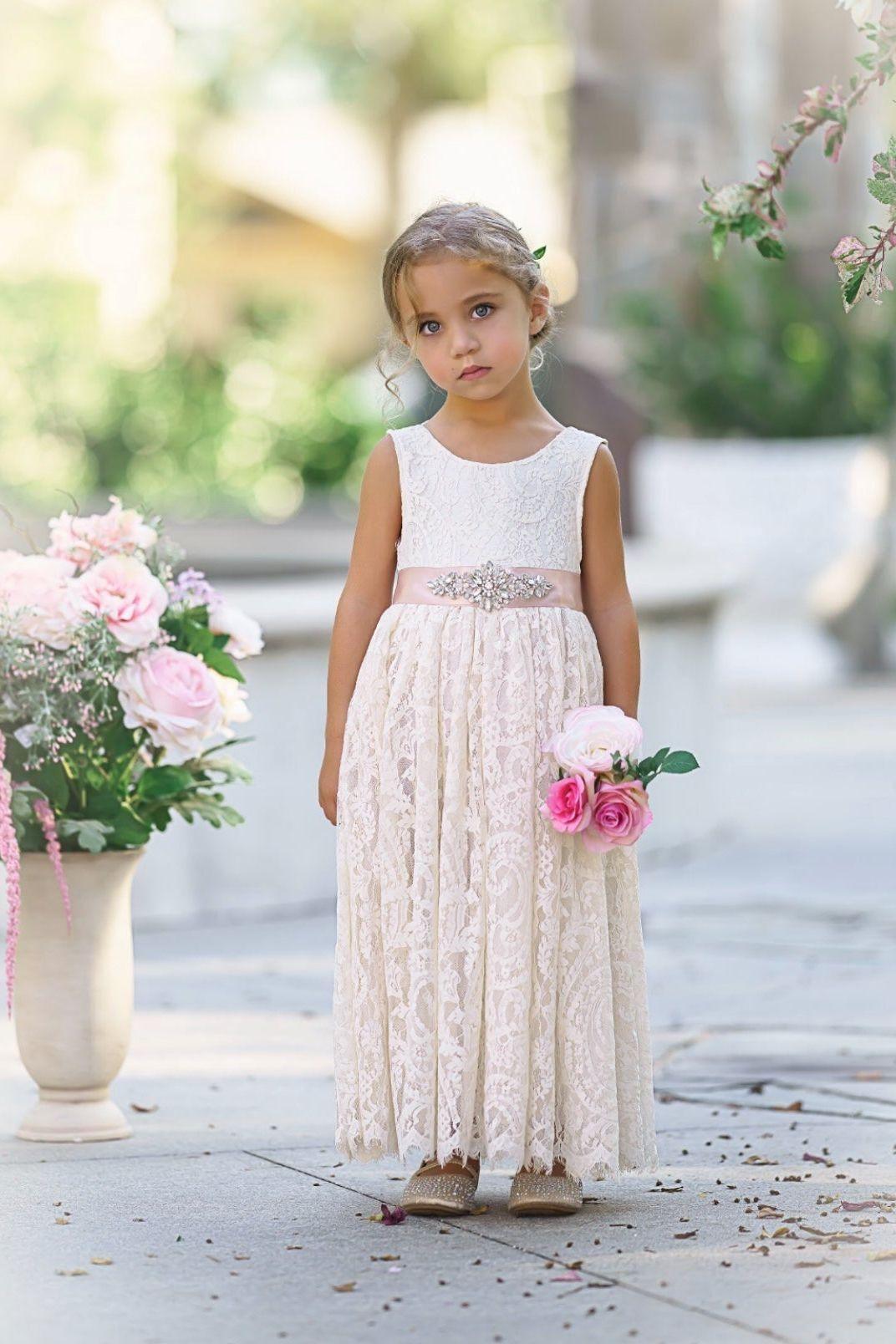 Sleeveless Lace Boho Flower Girl Dress with V-Back and Eyelash Lace - The Little Kitten Boutique