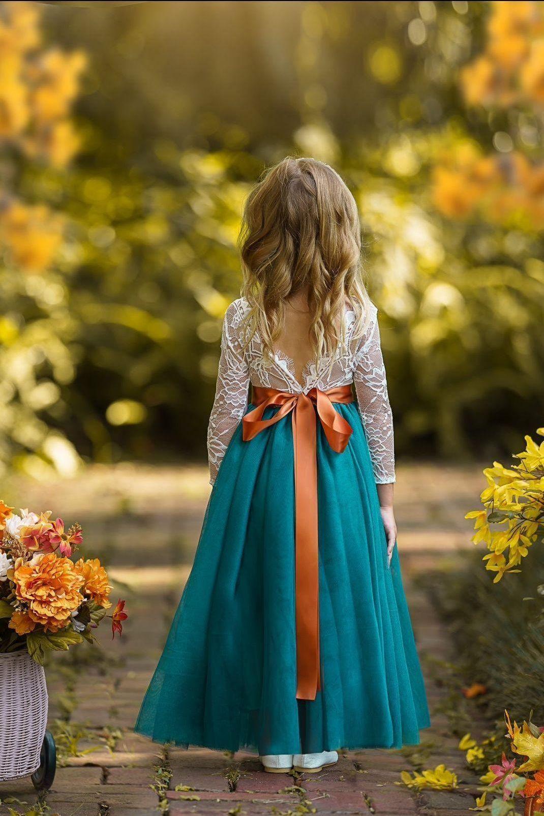 Long Sleeve White Lace and Teal Tulle Flower Girl Dress. Dress with Jewel Sash / 5 Long Sleeve White Lace and Teal Tulle Flower Girl Dress. Dress with Jewel Sash / 5