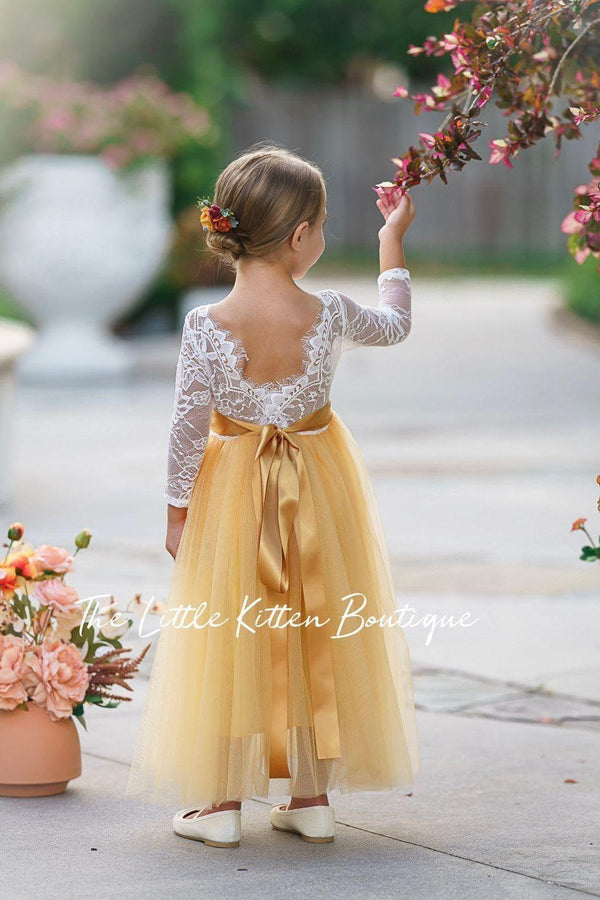 Fall Inspired, Long Sleeve Marigold Flower Girl Dress 5 / Marigold / Flower Sash