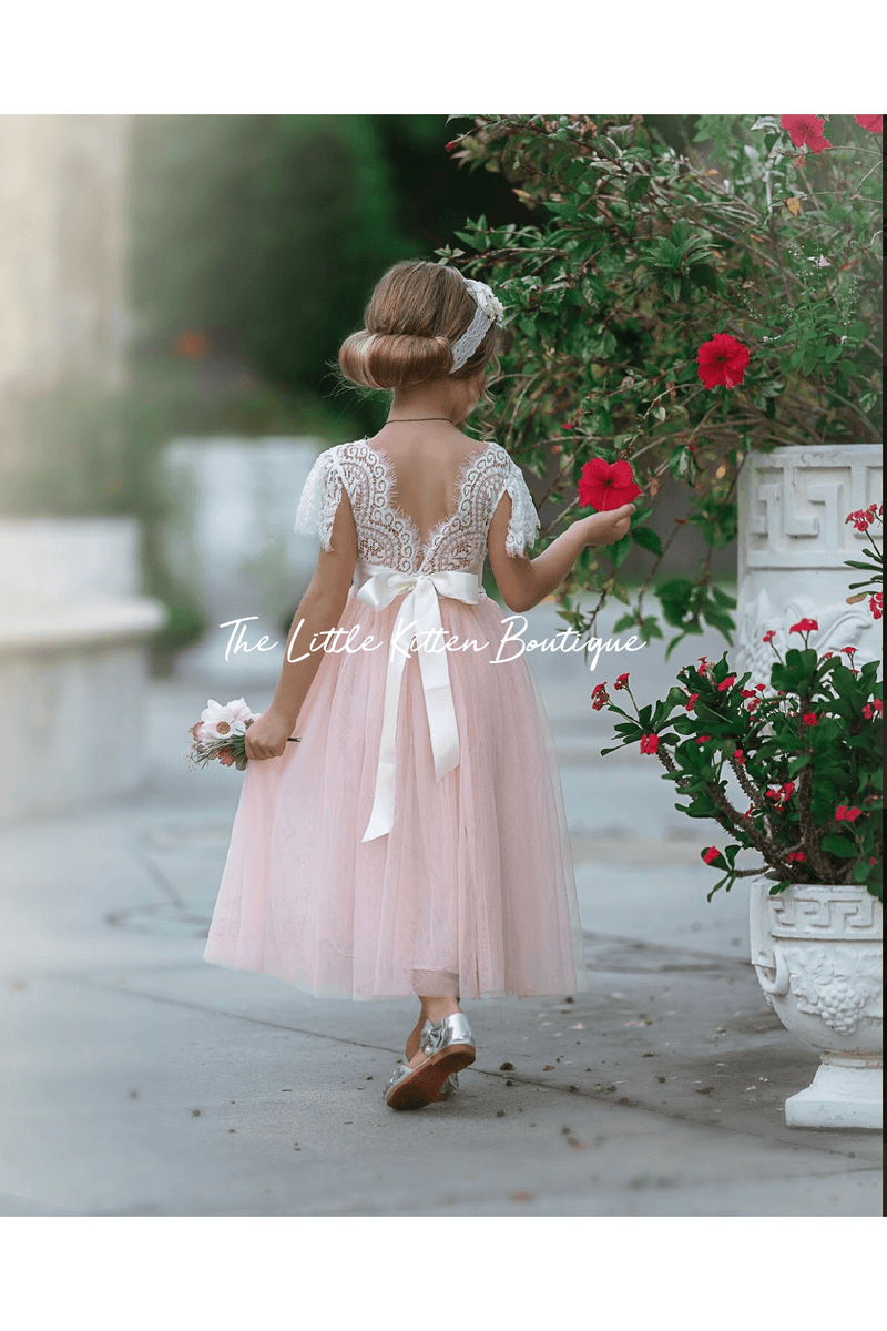 Blush pink tulle flower girl dress, White lace flower girl dress