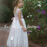 Sleeveless Lace Boho Flower Girl Dress with V-Back and Eyelash Lace - The Little Kitten Boutique