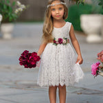 Antique Ivory and Off White Sleeveless Knee Length Lace Flower Girl Dresses - The Little Kitten Boutique