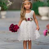 Antique Ivory and Off White Sleeveless Knee Length Lace Flower Girl Dresses - The Little Kitten Boutique