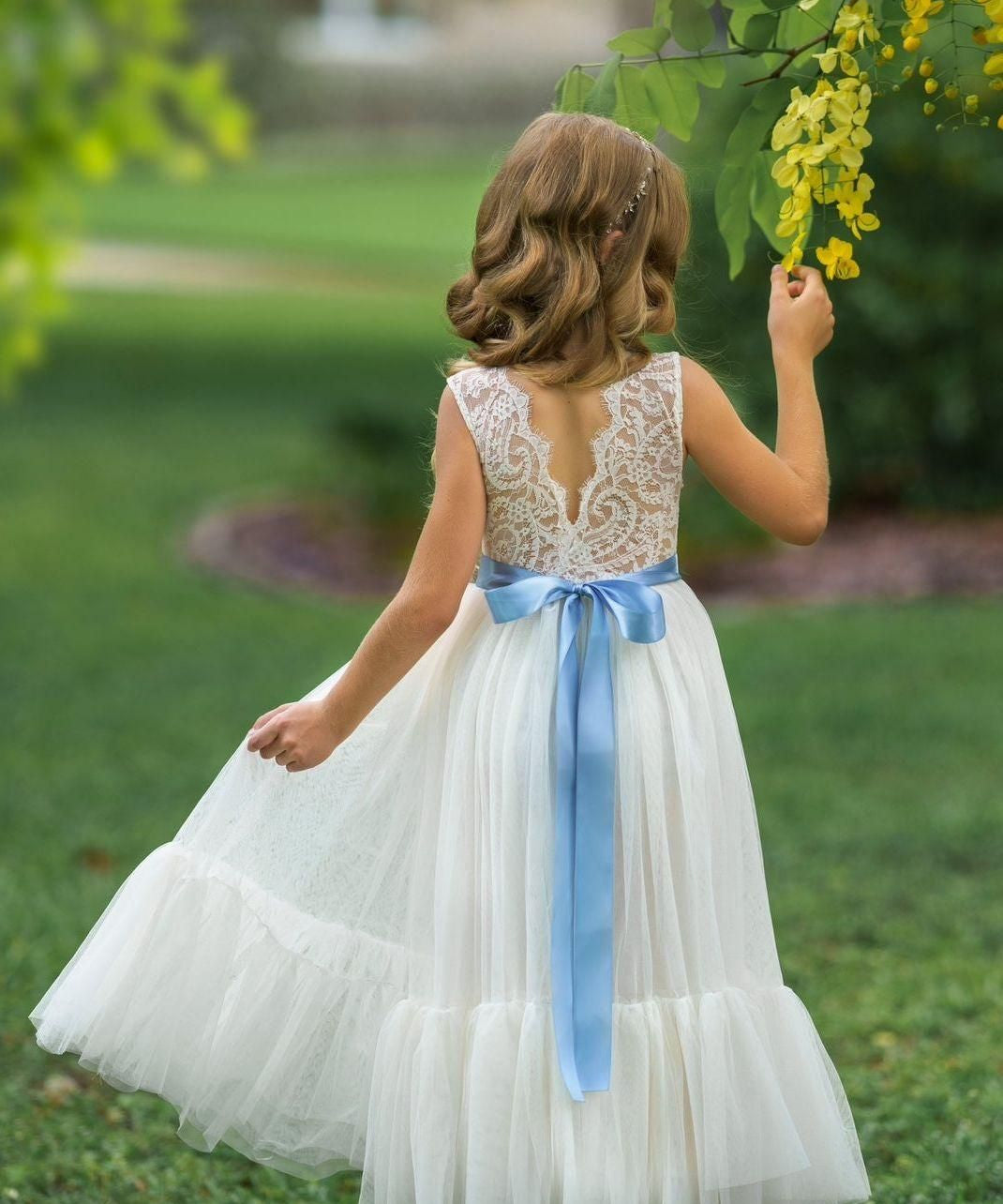 Sleeveless Ivory Lace and Tulle Flower Girl Dress with Layer - The Little Kitten Boutique