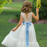 Sleeveless Ivory Lace and Tulle Flower Girl Dress with Layer - The Little Kitten Boutique