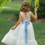 Sleeveless Ivory Lace and Tulle Flower Girl Dress with Layer - The Little Kitten Boutique