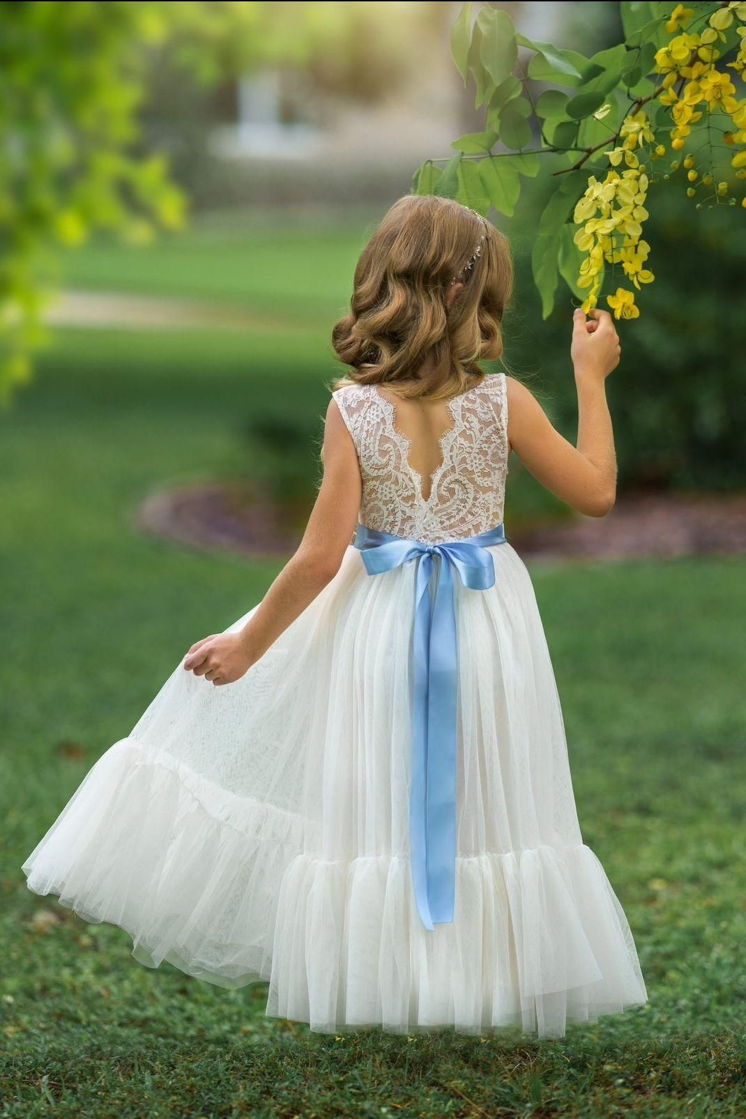 Sleeveless Ivory Lace and Tulle Flower Girl Dress with Layer - The Little Kitten Boutique