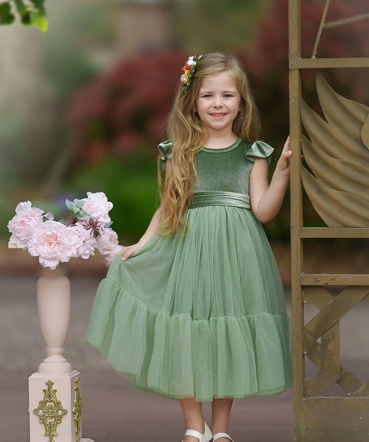 Sage Green Velvet and Tulle Flower Girl Dress - The Little Kitten Boutique