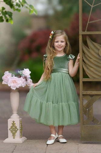 Sage Green Velvet and Tulle Flower Girl Dress - The Little Kitten Boutique