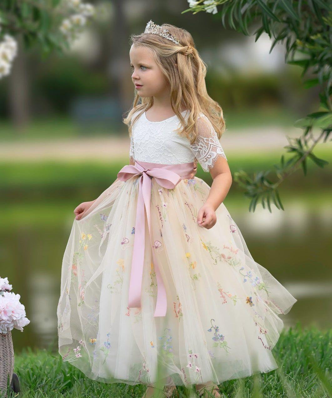 Short Sleeve Wildflower floral embroidered flower girl dress with champagne tulle skirt and white lace bodice