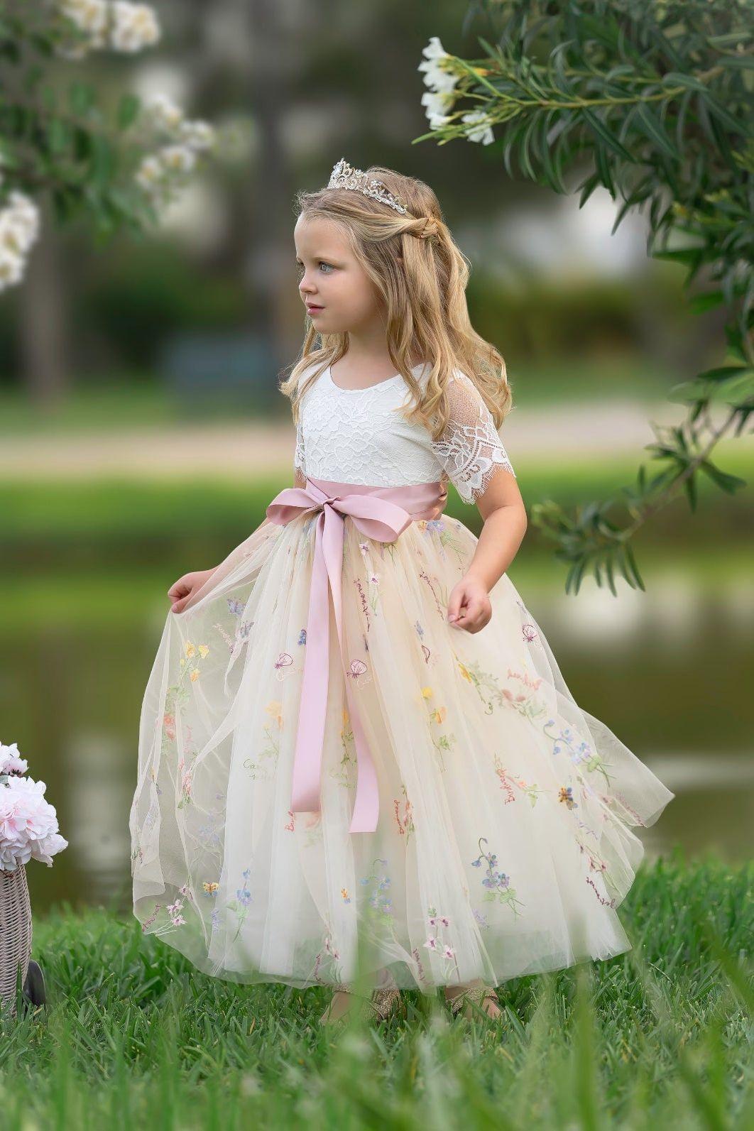 Short Sleeve Wildflower floral embroidered flower girl dress with champagne tulle skirt and white lace bodice