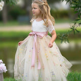 Short Sleeve Wildflower floral embroidered flower girl dress with champagne tulle skirt and white lace bodice