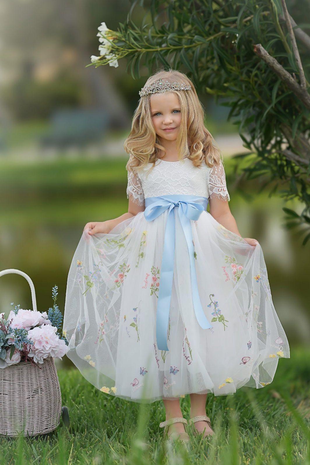 Boho Wildflower Floral Embroidered Flower Girl Dress - White - The Little Kitten Boutique