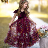 Burgundy Velvet Ruffle Sleeve Flower Girl Dress- Floral Embroidered Tulle Skirting