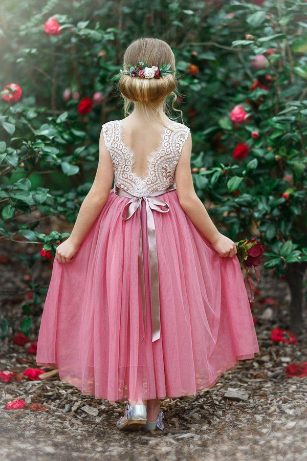 Boho Style Girls Flower Girl Dress 10/12 / White