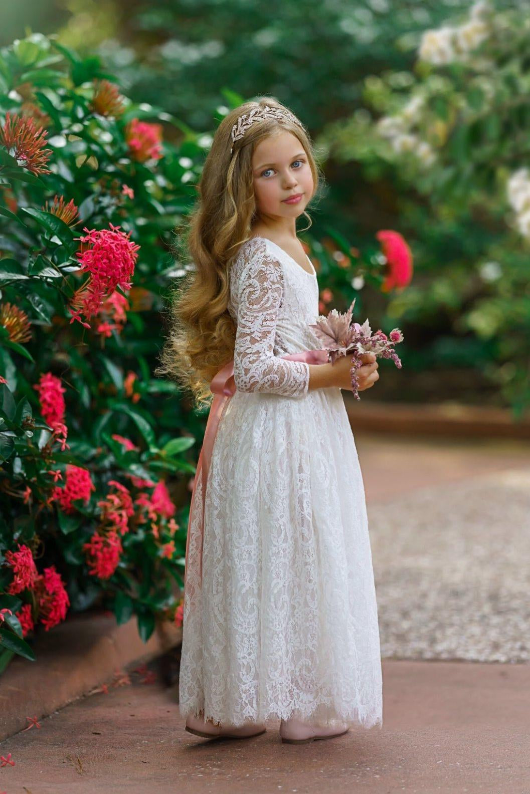 Long Sleeve Lace Flower Girl Dress - The Little Kitten Boutique