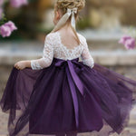 Long Sleeve Eggplant Tulle and White Lace Flower Girl Dress - The Little Kitten Boutique