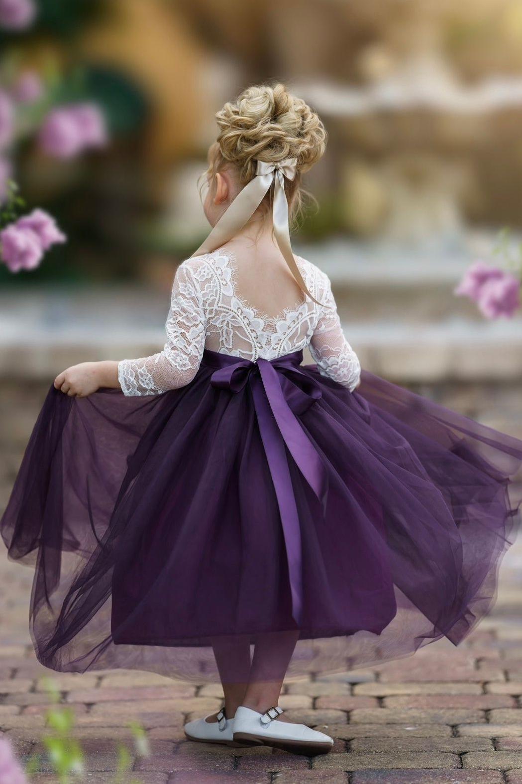 Long Sleeve Eggplant Tulle and White Lace Flower Girl Dress - The Little Kitten Boutique