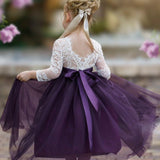 Long Sleeve Eggplant Tulle and White Lace Flower Girl Dress - The Little Kitten Boutique