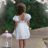 White or Ivory Short Sleeve Knee-Length Flower Girl Dress for Toddlers & Girls