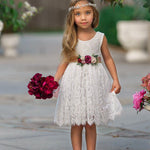 Sleeveless Knee-Length Lace Flower Girl Dress - White or Ivory - The Little Kitten Boutique