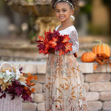 Long Sleeve Lace and floral embroidered Tulle Flower Girl Dress - Champagne