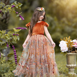 Burnt Orange Velvet Flower Girl Dress- Ruffle Sleeve