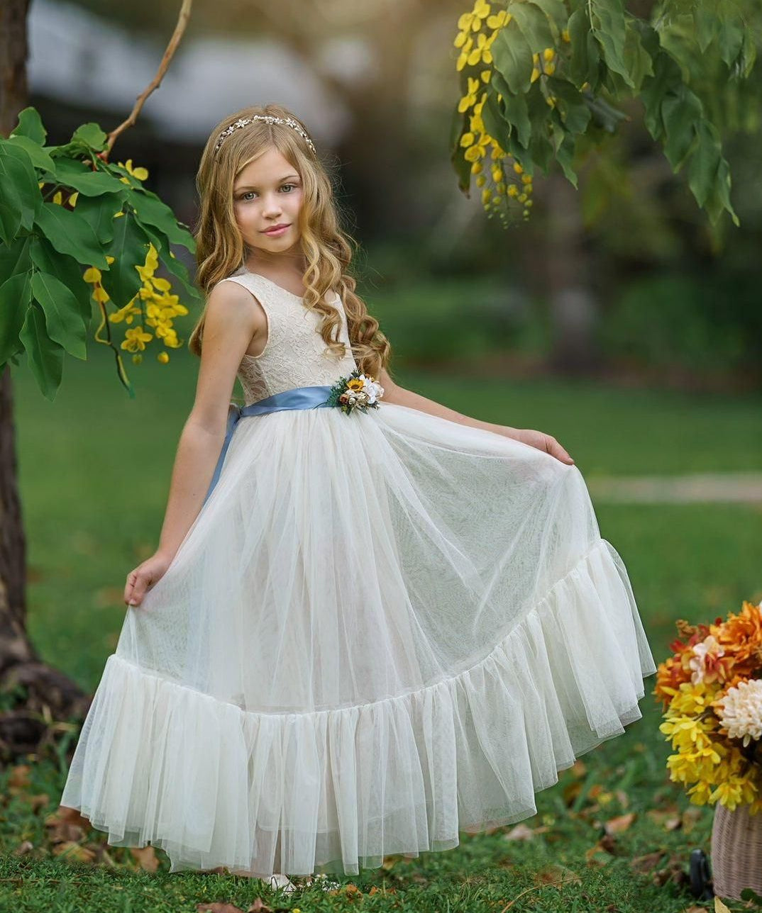 Sleeveless Ivory Lace and Tulle Flower Girl Dress with Layer - The Little Kitten Boutique