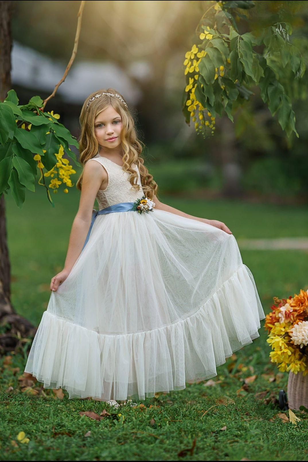 Sleeveless Ivory Lace and Tulle Flower Girl Dress with Layer - The Little Kitten Boutique