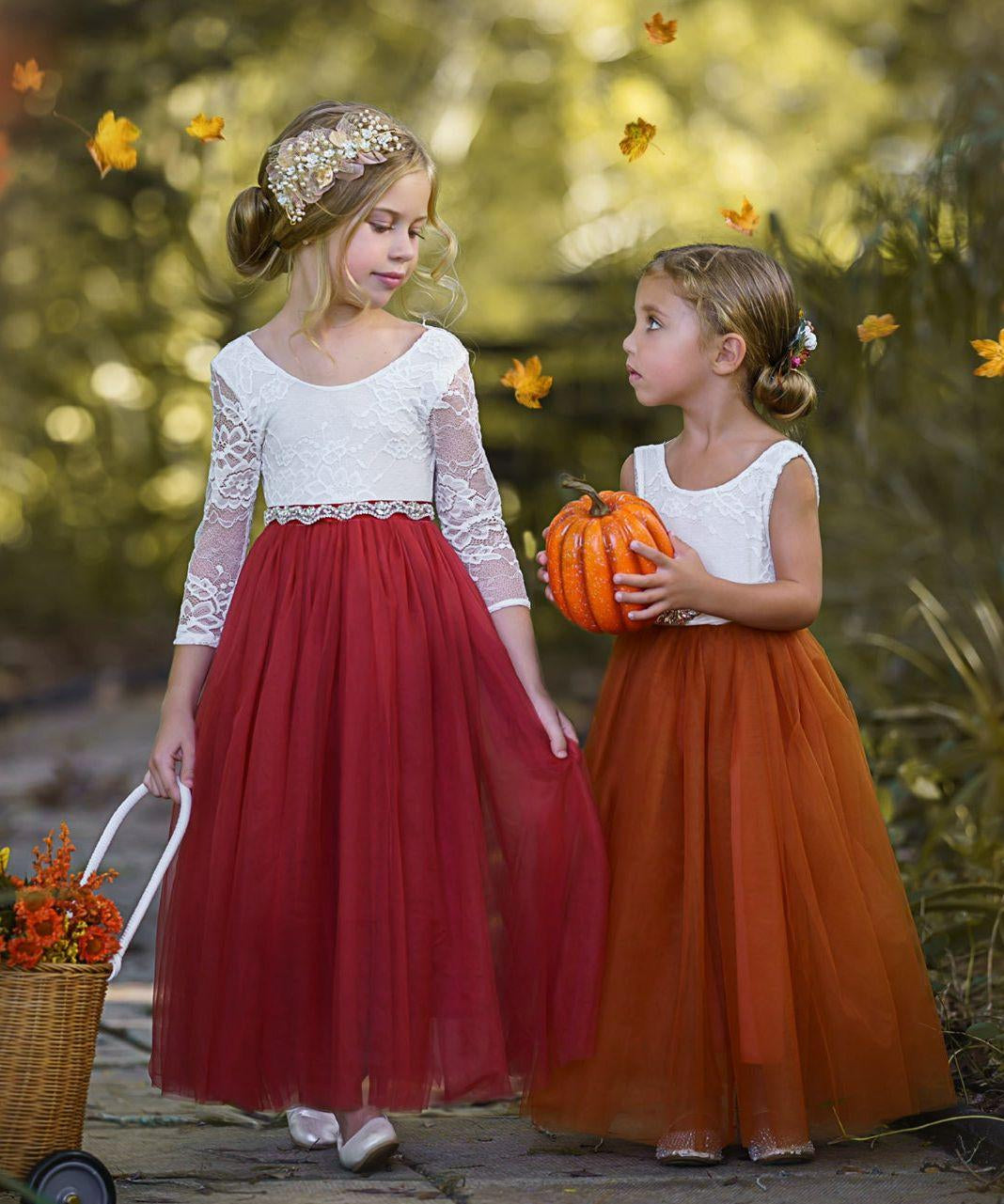 Long Sleeve and Sleeveless, Fall Inspired, Burnt Orange and Rust Flower Girl Dresses - The Little Kitten Boutique