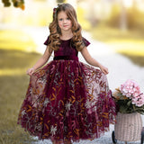 Burgundy Velvet Ruffle Sleeve Flower Girl Dress- Floral Embroidered Tulle Skirting