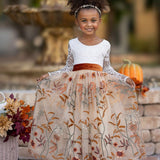 Long Sleeve Lace and floral embroidered Tulle Flower Girl Dress - Champagne