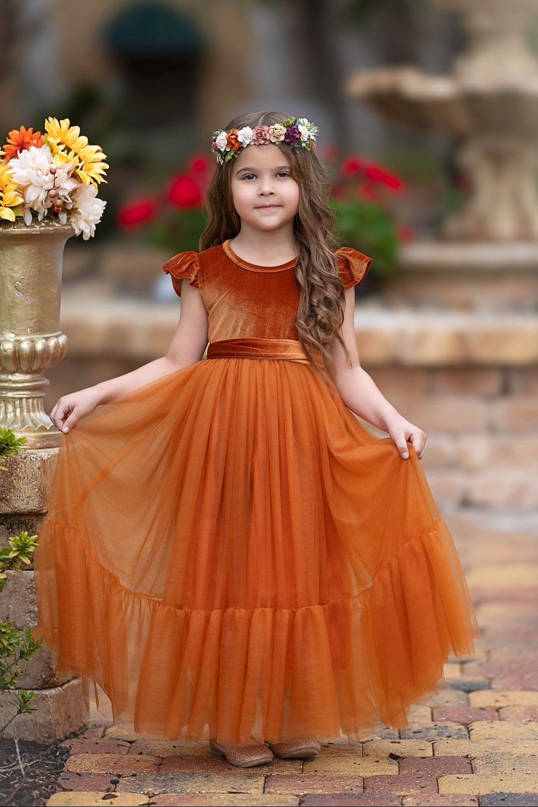 Burnt Orange Velvet and Tulle Flower Girl Dress - The Little Kitten Boutique