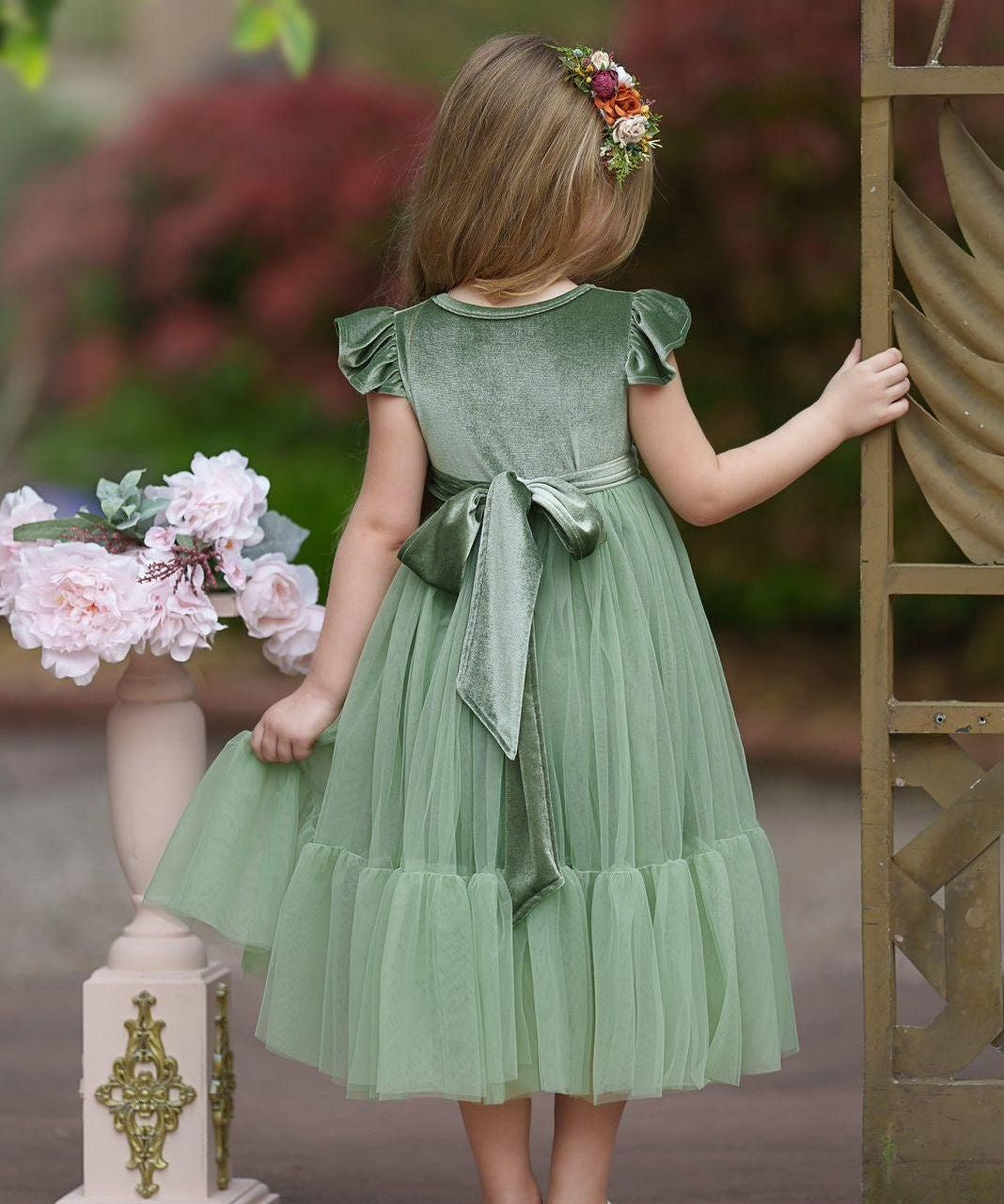 Sage Green Velvet and Tulle Flower Girl Dress - The Little Kitten Boutique