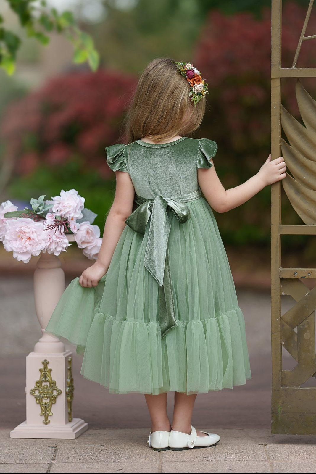 Sage Green Velvet and Tulle Flower Girl Dress - The Little Kitten Boutique