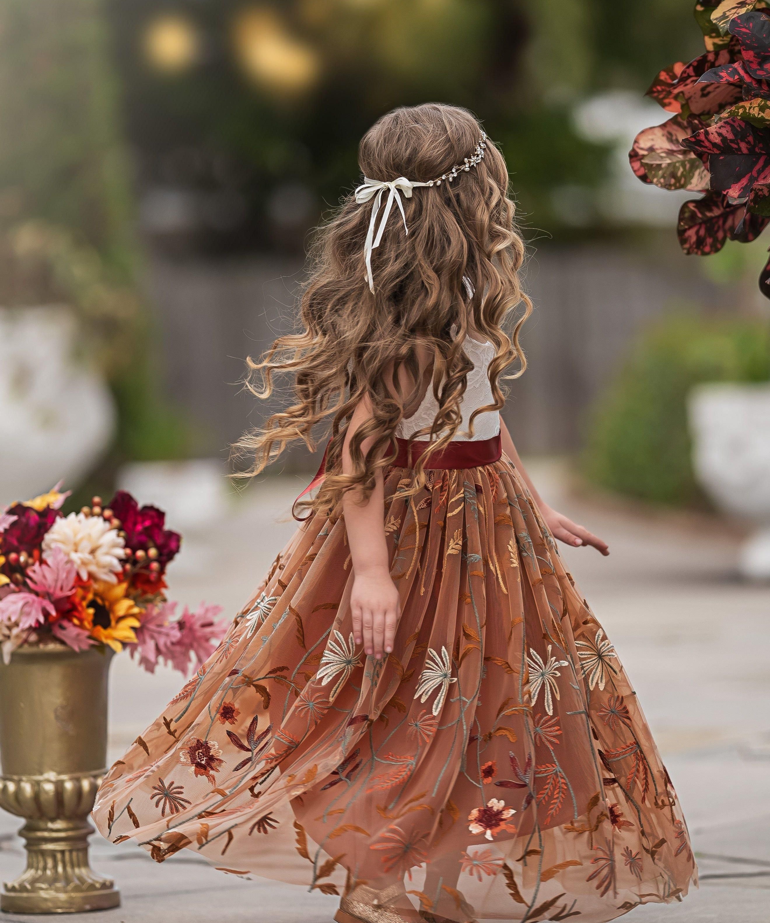 Sleeveless Floral Embroidered Burnt Orange Flower Girl Dress - The Little Kitten Boutique