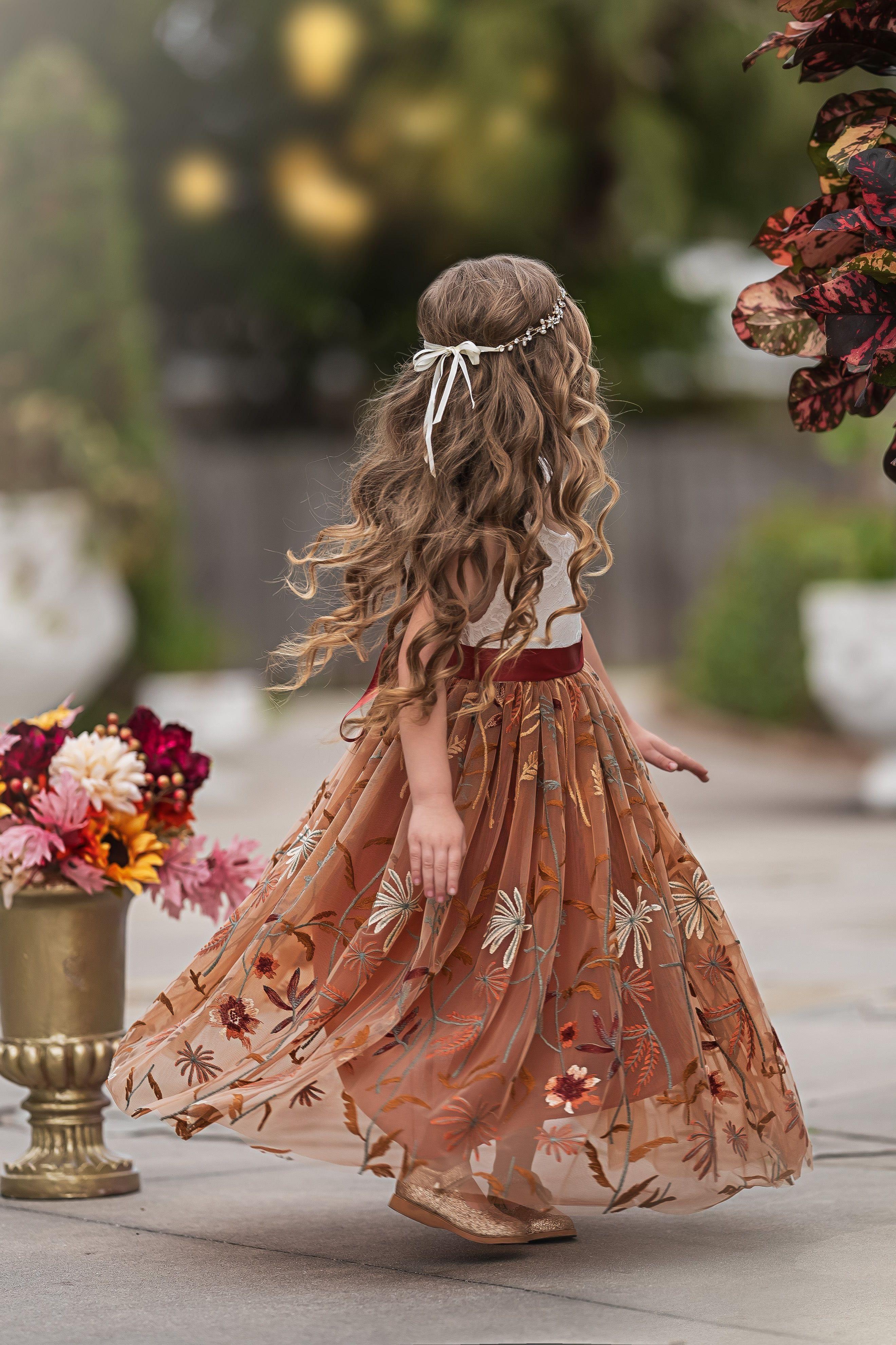 Sleeveless Floral Embroidered Burnt Orange Flower Girl Dress - The Little Kitten Boutique