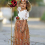 Burnt Orange Floral Embroidered Short Sleeve Flower Girl Dress - The Little Kitten Boutique