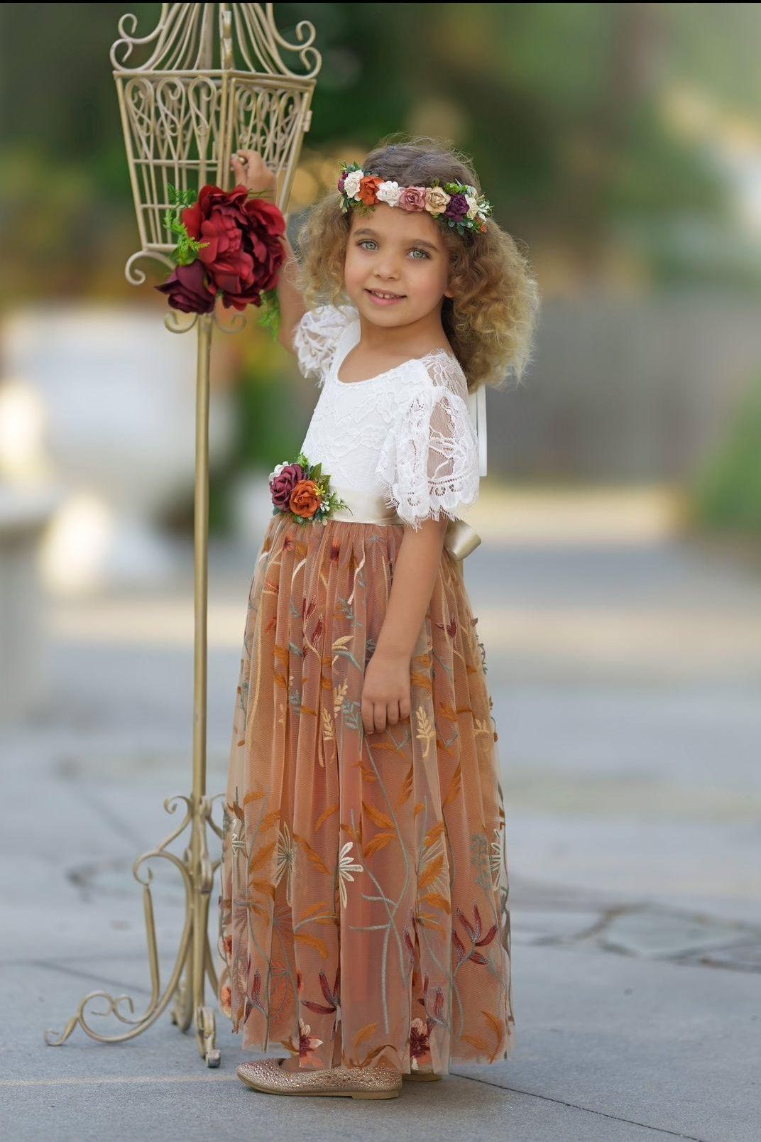 Burnt Orange Floral Embroidered Short Sleeve Flower Girl Dress - The Little Kitten Boutique