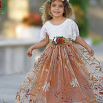 Burnt Orange Floral Embroidered Short Sleeve Flower Girl Dress - The Little Kitten Boutique