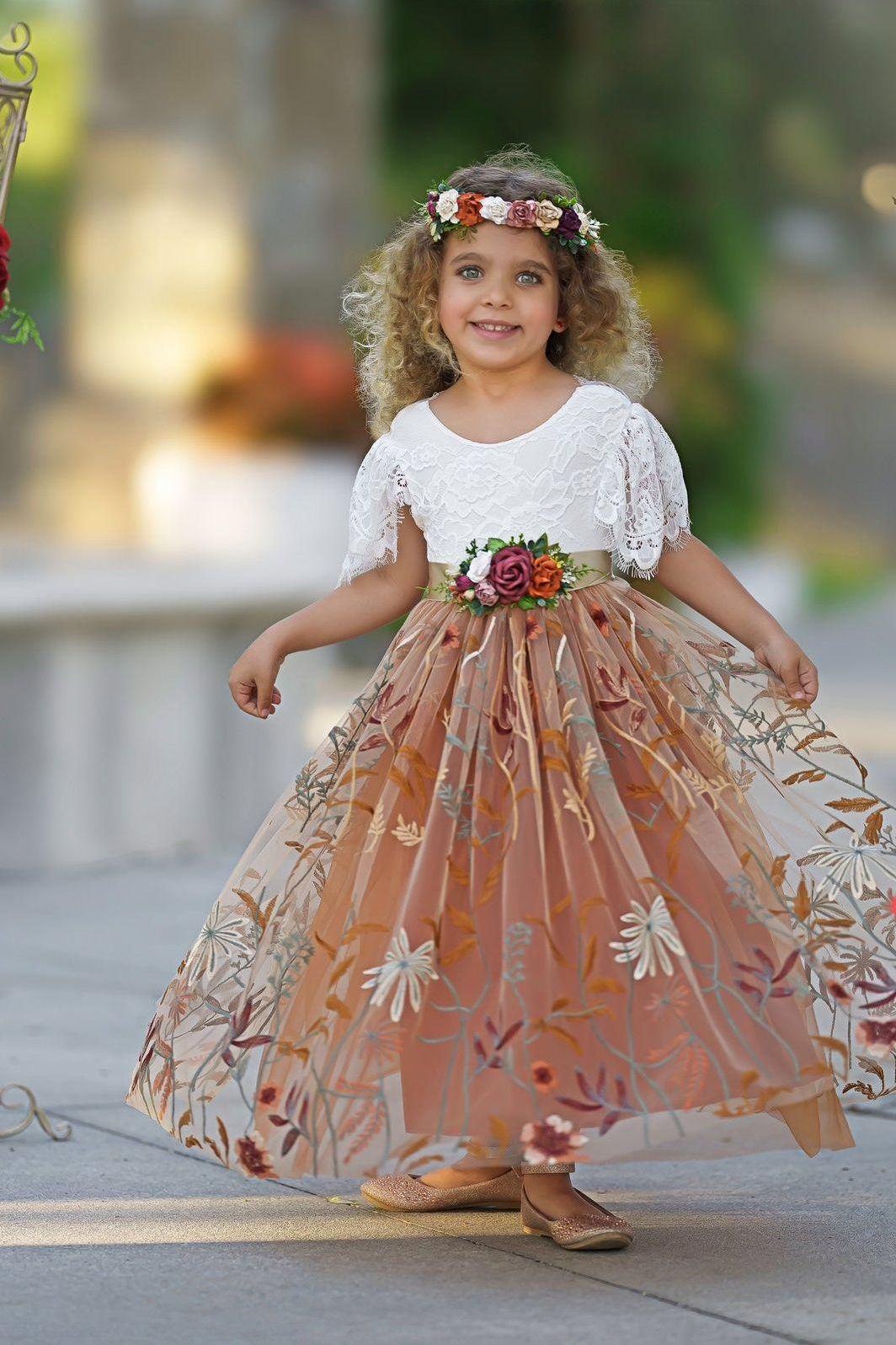 Burnt Orange Floral Embroidered Short Sleeve Flower Girl Dress - The Little Kitten Boutique